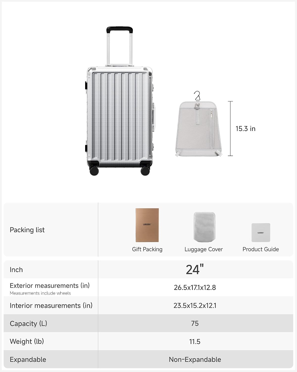 LUGGEX Zipperless Checked Suitcase, Aluminum Frame, Charcoal Metallic, 28" | Checked Luggage, 100% PC Hard Shell, 8010S Aluminum Frame, 8 Spinner Wheels, TSA Lock, Hard Shell, ZX-Core