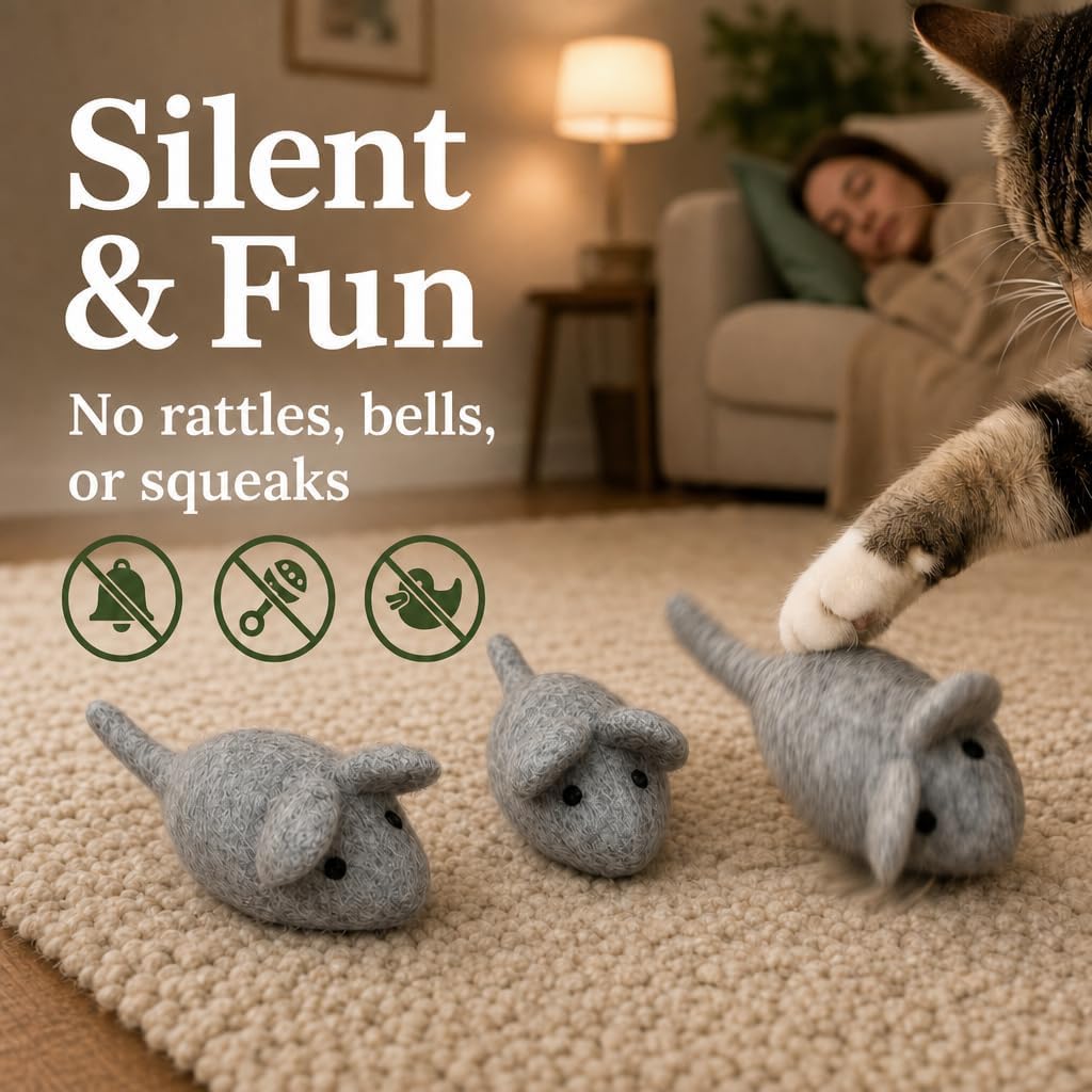 Cat Mouse Toy - 3 Felted Wool Mouse Toys Without Catnip for Indoor Cats and Kittens - Large Handmade Mice