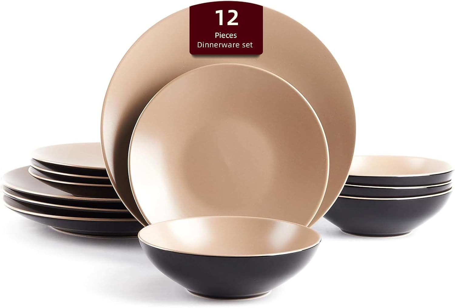Stoneware Two-Tone Colors Life 16pc Dinner Set，Outside Shiny Black + Inside Matte Glaze Olive