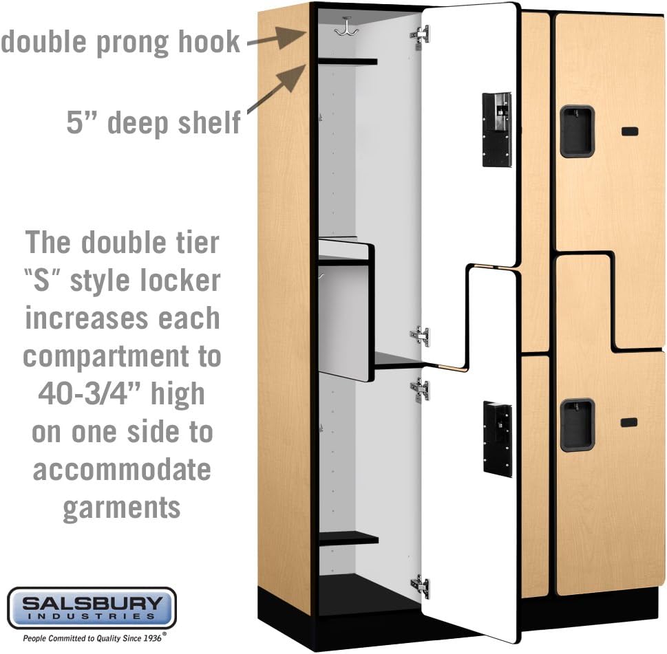 Salsbury Industries 2-Tier S-Style Extra Wide Designer Wood Locker with Three Wide Storage Units, 6-Feet High by 18-Inch Deep, Mahogany