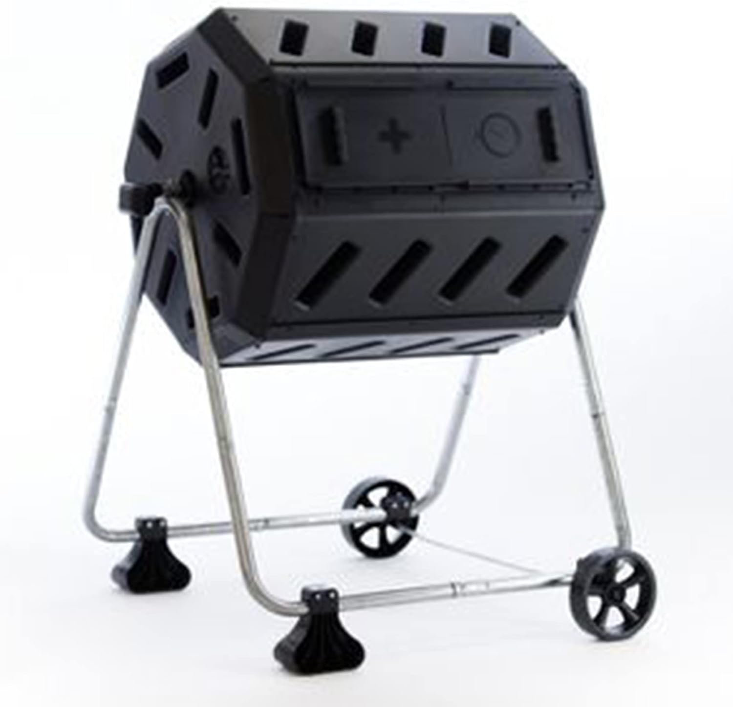 FCMP Outdoor IM4000-WK 37 Gallon Plastic Dual Chamber Tumbling Composter Outdoor Elevated Rotating Garden Compost Bin with Wheels, Black/Black