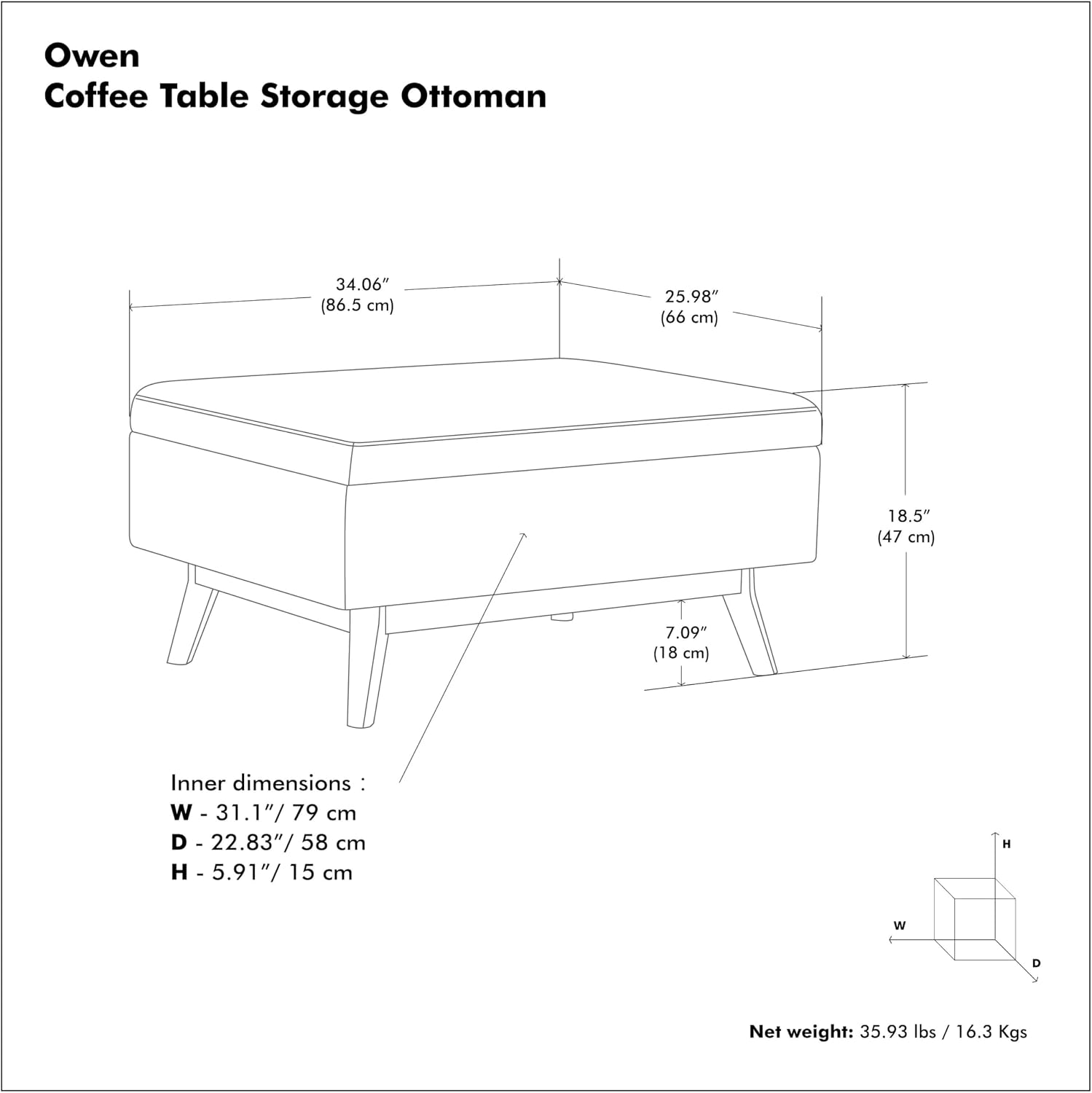 SIMPLIHOME Owen 34" Wide Vegan Leather Lift Top Ottoman in Dark Blue