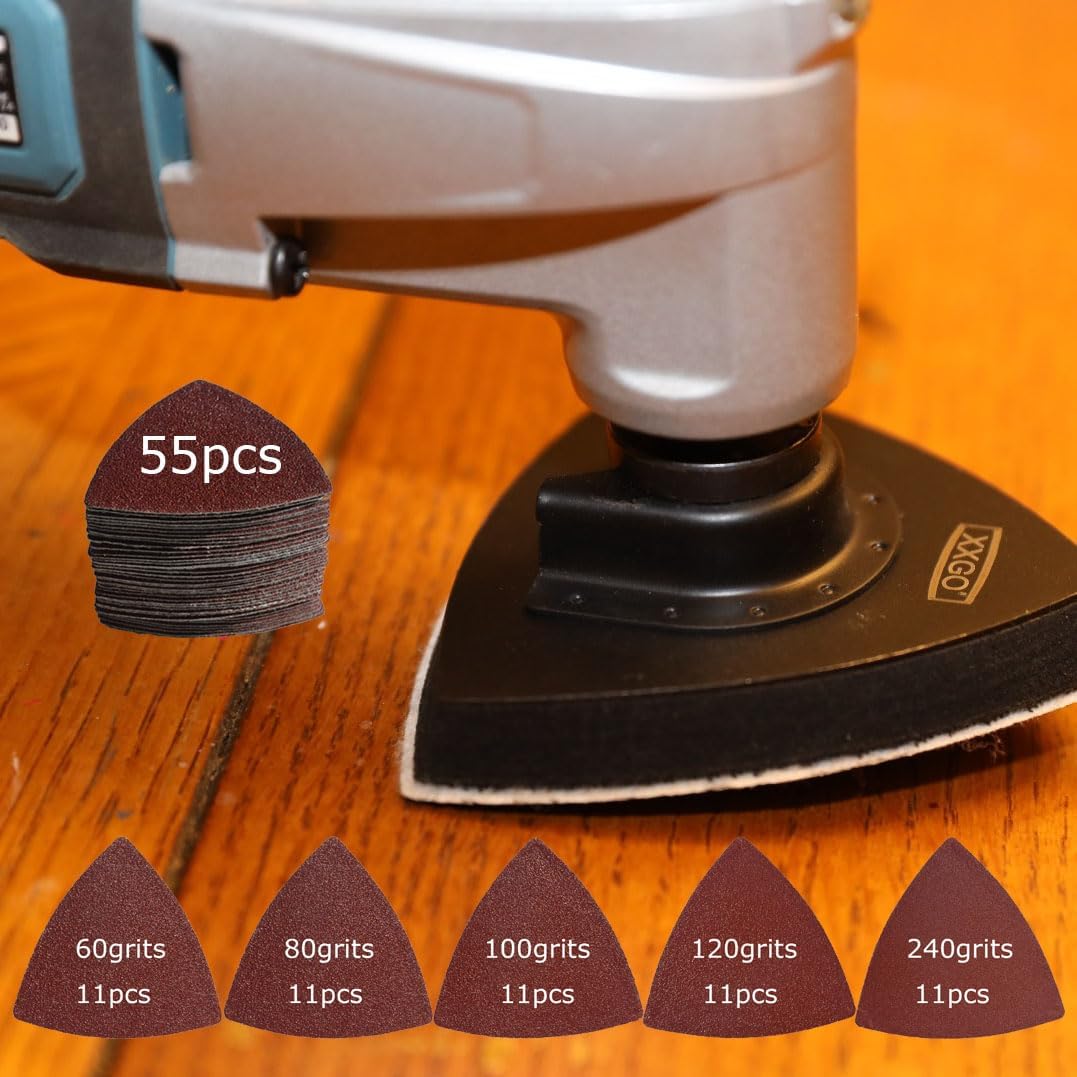 XXGO 55 Pcs 80mm 3-1/8 Inch Triangular Oscillating Multi Tool Sanding Pads | Assorted Grit , Hook & Loop Design , Strong Velcro , Best for Metal Wood Sanding