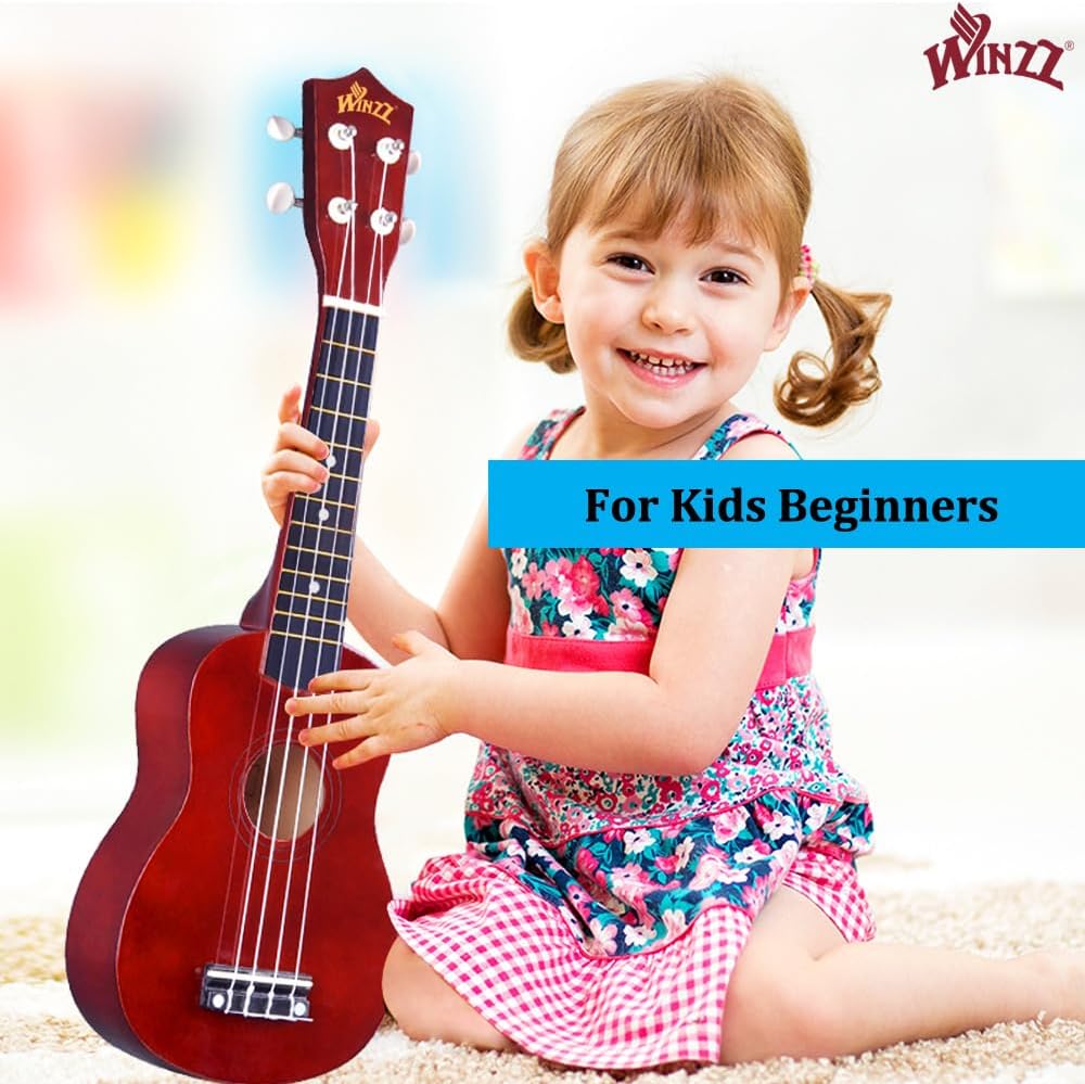 Winzz Soprano Ukulele Starter Kit For Beginners with Bag, Clip-On Tuner, Extra Strings, Strap, Plectrum, Fret Stickers, Chords Card, Polishing Cloth, Black