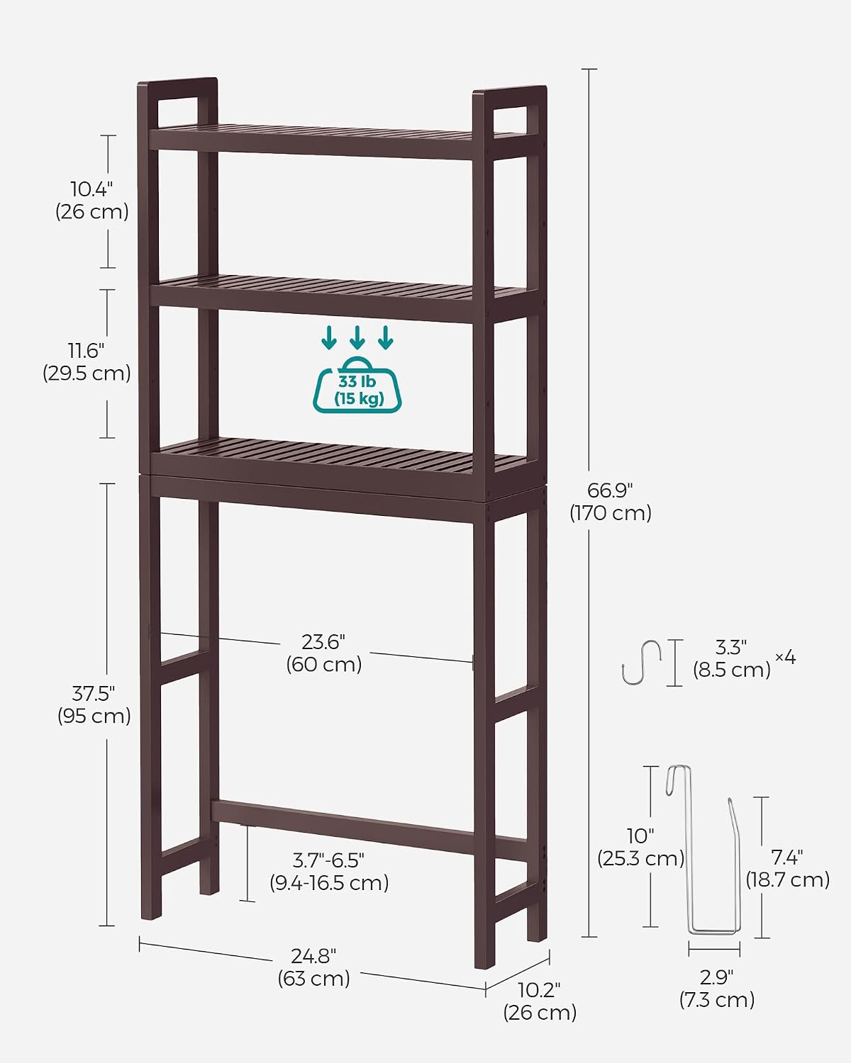 SONGMICS Over The Toilet Storage, 3-Tier Over Toilet Bathroom Organizer with Adjustable Shelf, 10.2 x 24.8 x 66.9 Inches, Space-Saving, Cloud White UBTS01WT