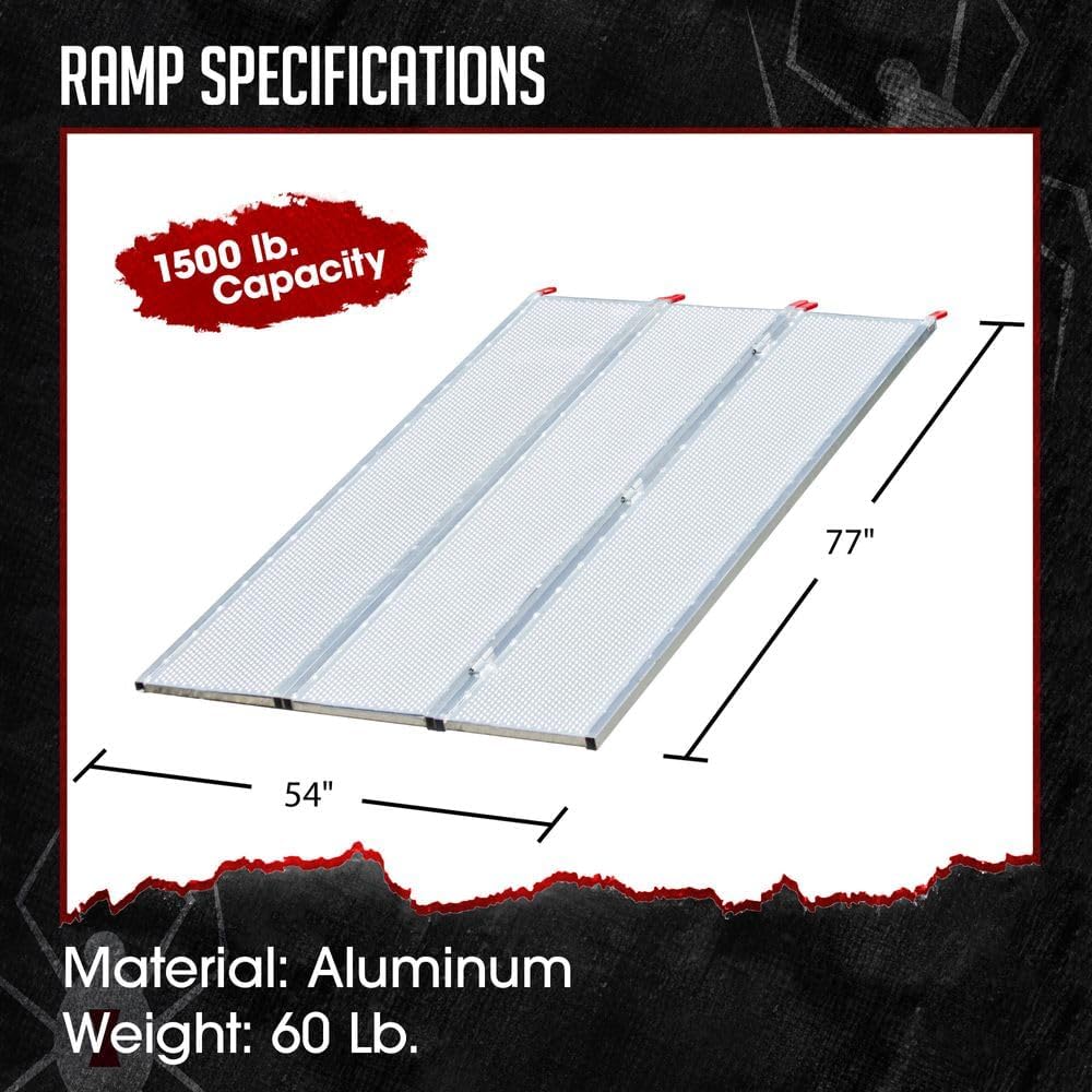 Black Widow 6ft 5in Aluminum Folding ATV Loading Ramp, 1500 lb Capacity | Load four-wheelers into trailer, folds into thirds for storage, safety straps included