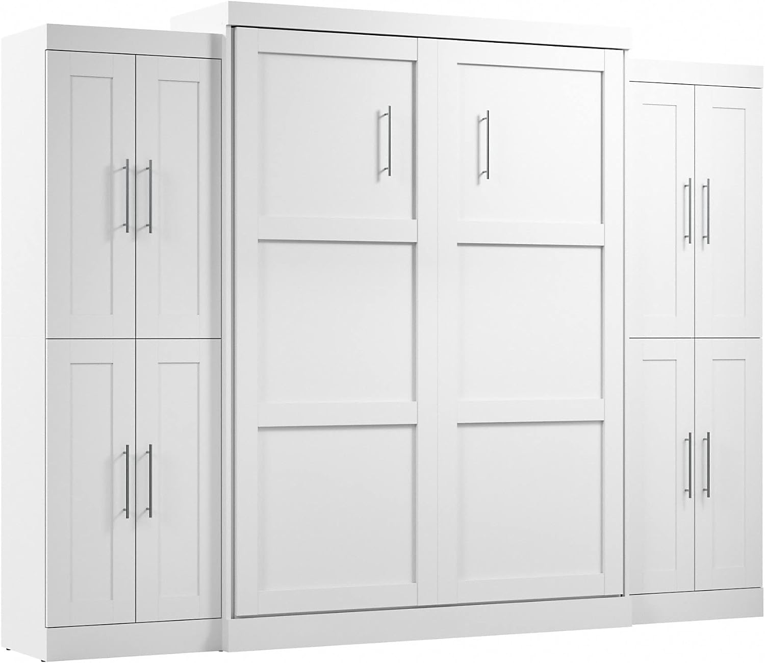 Bestar Pur Full Murphy Bed and 2 Shelving Units with Drawers, 109-inch Space-Saving Sleeping Arrangement in White | 2 Shelving Units with Drawers; supports up to 1000 lb; min. ceiling height 86.4 in.; dual piston mechanism; 10-year warranty