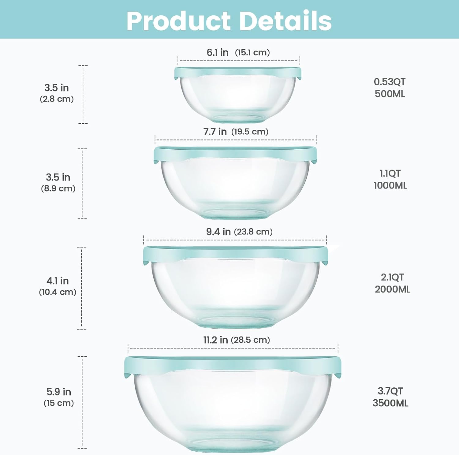 Luvan Glass Mixing Bowls with Lids Set(4.5QT, 2.7QT, 1.1QT)-Large Glass Mixing Bowls, Clear Salad Bowl for Baking, Cooking, Serving, Food Prep, 3PC Nesting Bowls for Kitchen Storage & Dishwasher Safe