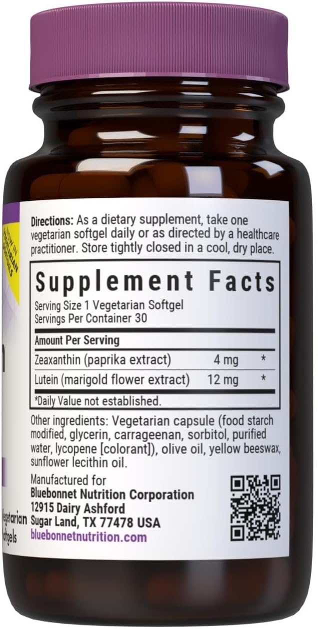 Bluebonnet Nutrition Zeaxanthin & Lutein, Eye Health*, Gluten-Free, Dairy-Free, 60 Vegetarian Softgels, 60 Servings | Eye Health; Vegetarian, Gluten-Free, Dairy-Free