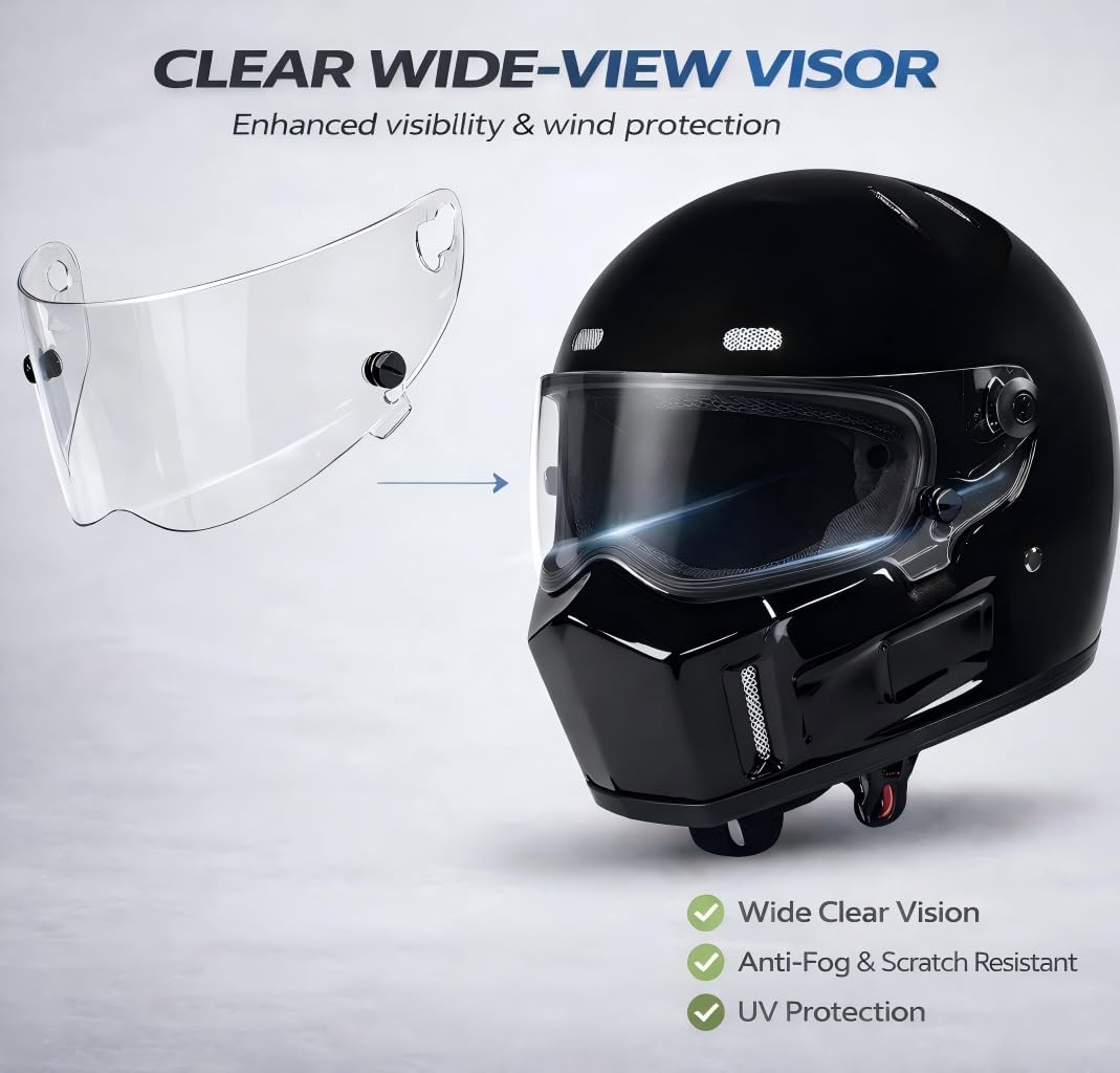 CRG Sports Retro Full Face Motorcycle Helmet, DOT Approved Fiberglass Street Bike Helmet with Clear Visor, Lightweight Cafe Racer Cruiser Motorcycle Helmet