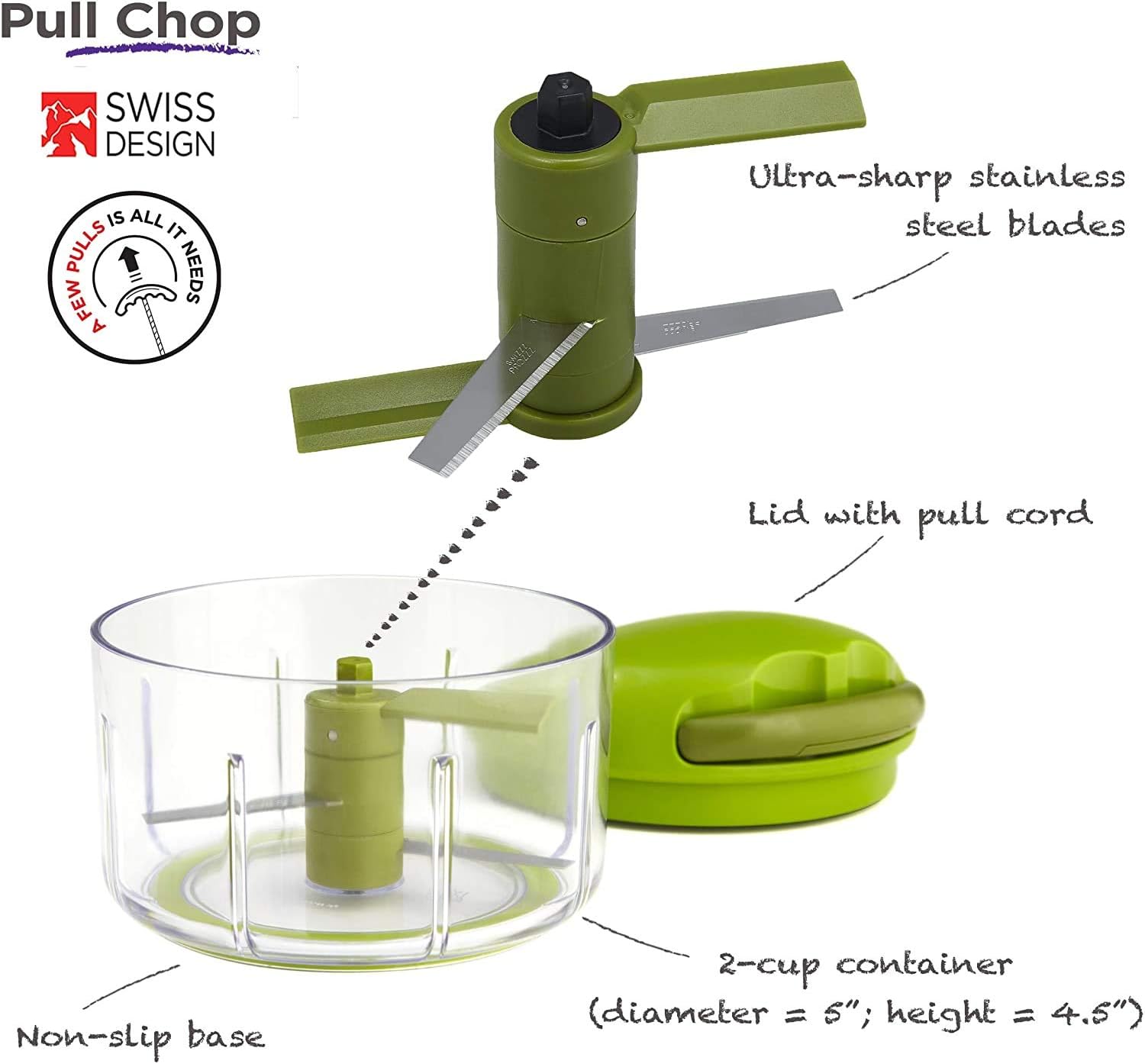 Kuhn Rikon Pull Chop Chopper/Manual Food Processor with Cord Mechanism, Green, 2-Cup