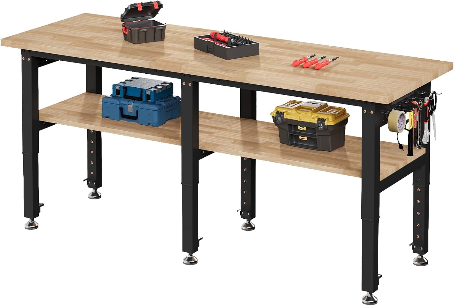 SPECRAFT Adjustable Black Heavy-Duty Workbench | 2000 Lbs Capacity, Rubber Wood Top, 4 AC Outlets and 2 USB Ports, for Garage, Workshop and Office
