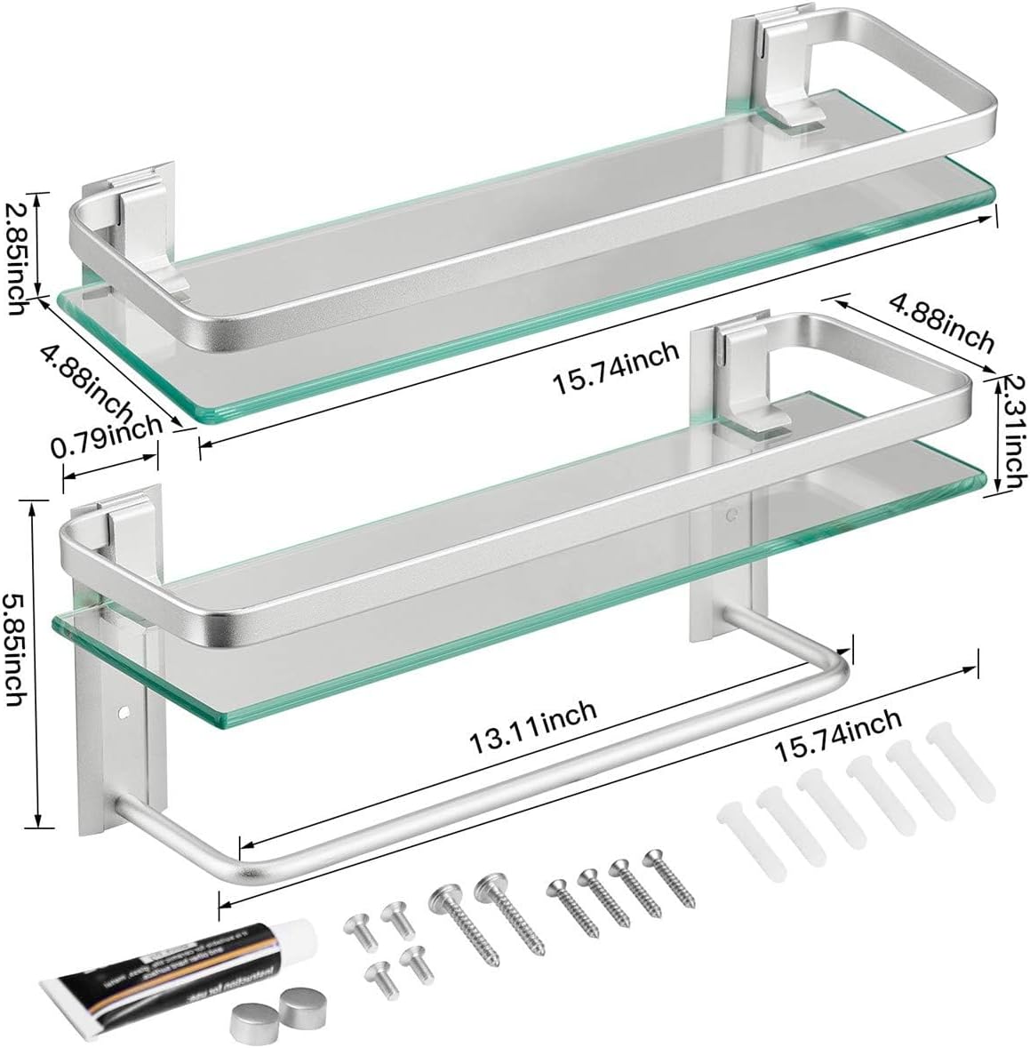 VOLPONE Bathroom Wall Shelf 15.7in Bathroom Glass Shelves Wall Mount Glass Shelf Rustproof Bathroom Wall Organizer 3 Tier (Sliver)