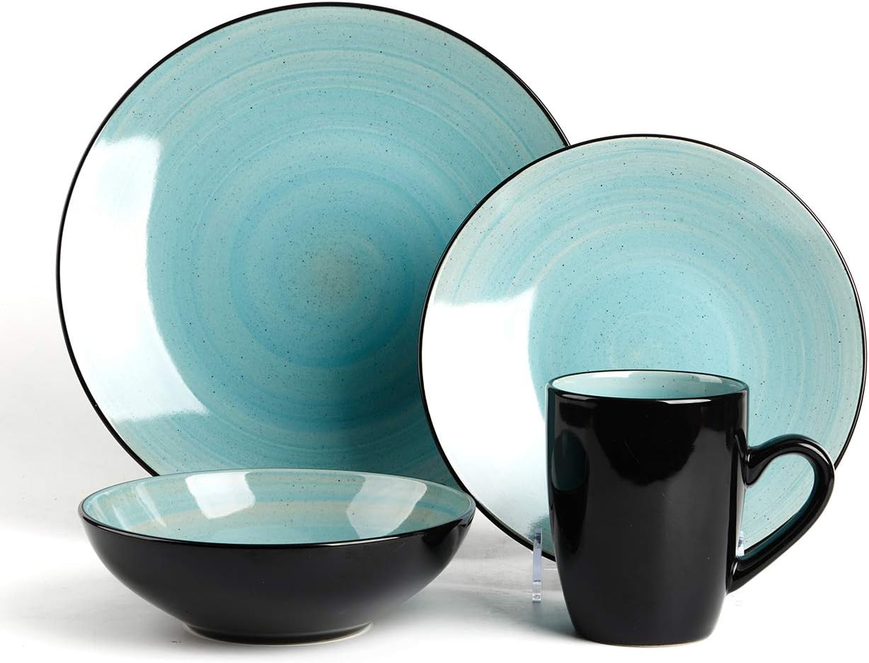 HomeVss, Sonoma Stoneware Dinnerware Set, Outside Black + Inside Hand Painting Color (16pc Set, Grey)