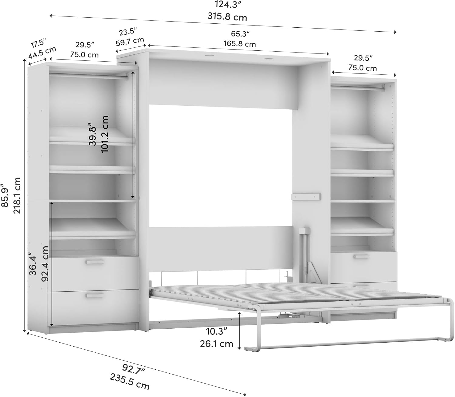 Bestar Cielo Queen Murphy Bed with 2 Closet Organizers with Drawers (125W) in Rustic Brown and White, Sleeping Arrangement for Multipurpose Room