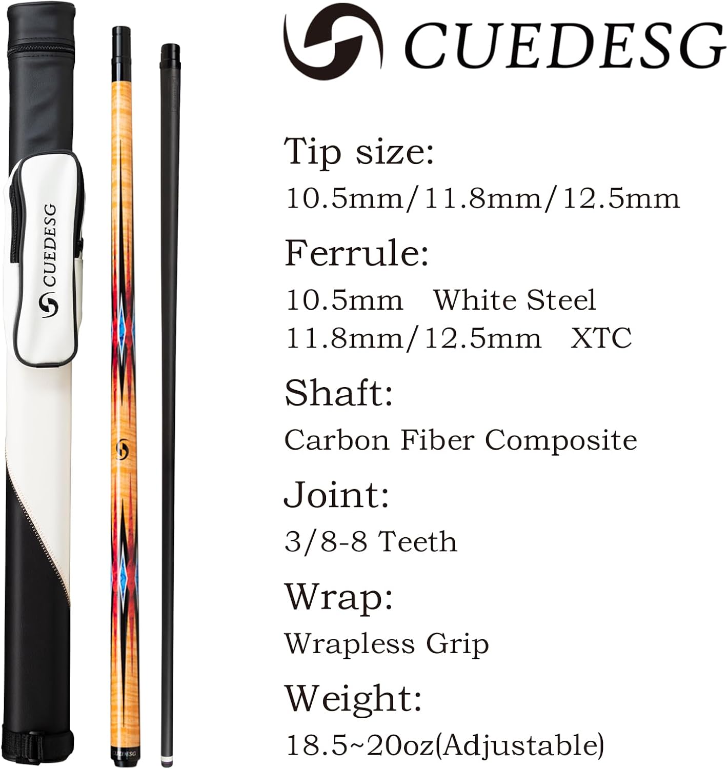 Carbon Fiber Pool Cue Stick 10.5mm/11.8mm/12.5mm,Low Deflection Pool Stick,Professional Cue Stick with Case