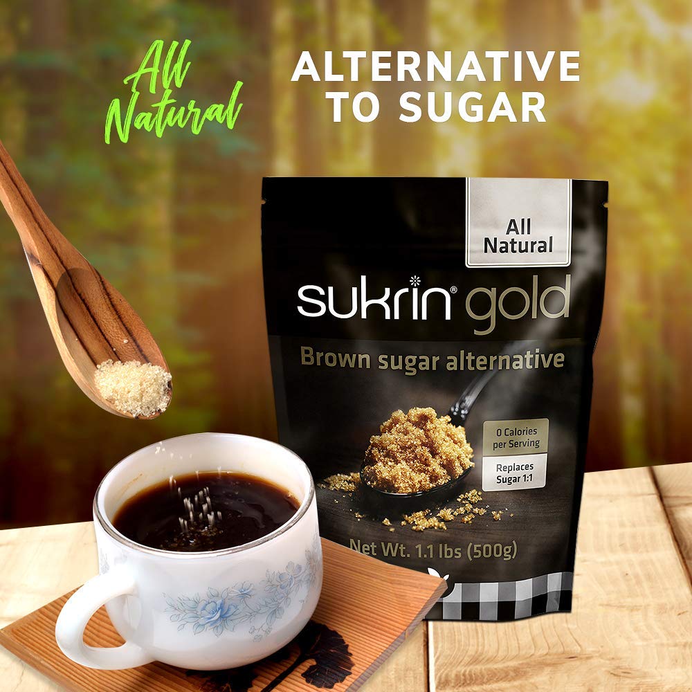 SUKRIN GOLD 100% Natural Sugar Free Brown Sugar Substitute with Erythritol & Stevia Brown Sugar Zero Calorie Sweetener, Granulated Gluten Free Non-GMO Kosher Blood Sugar Vegan Keto Friendly, 1.1LB Bag