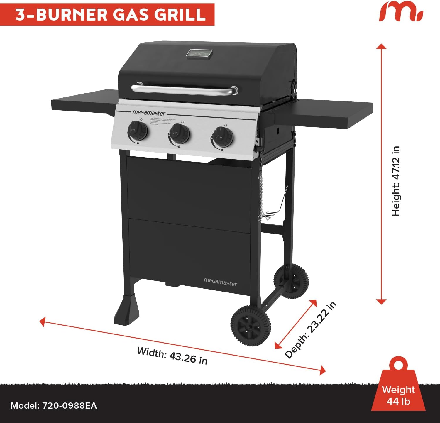 Megamaster Propane 3 Burner Gas Grill, Foldable Shelves with Warming Rack
