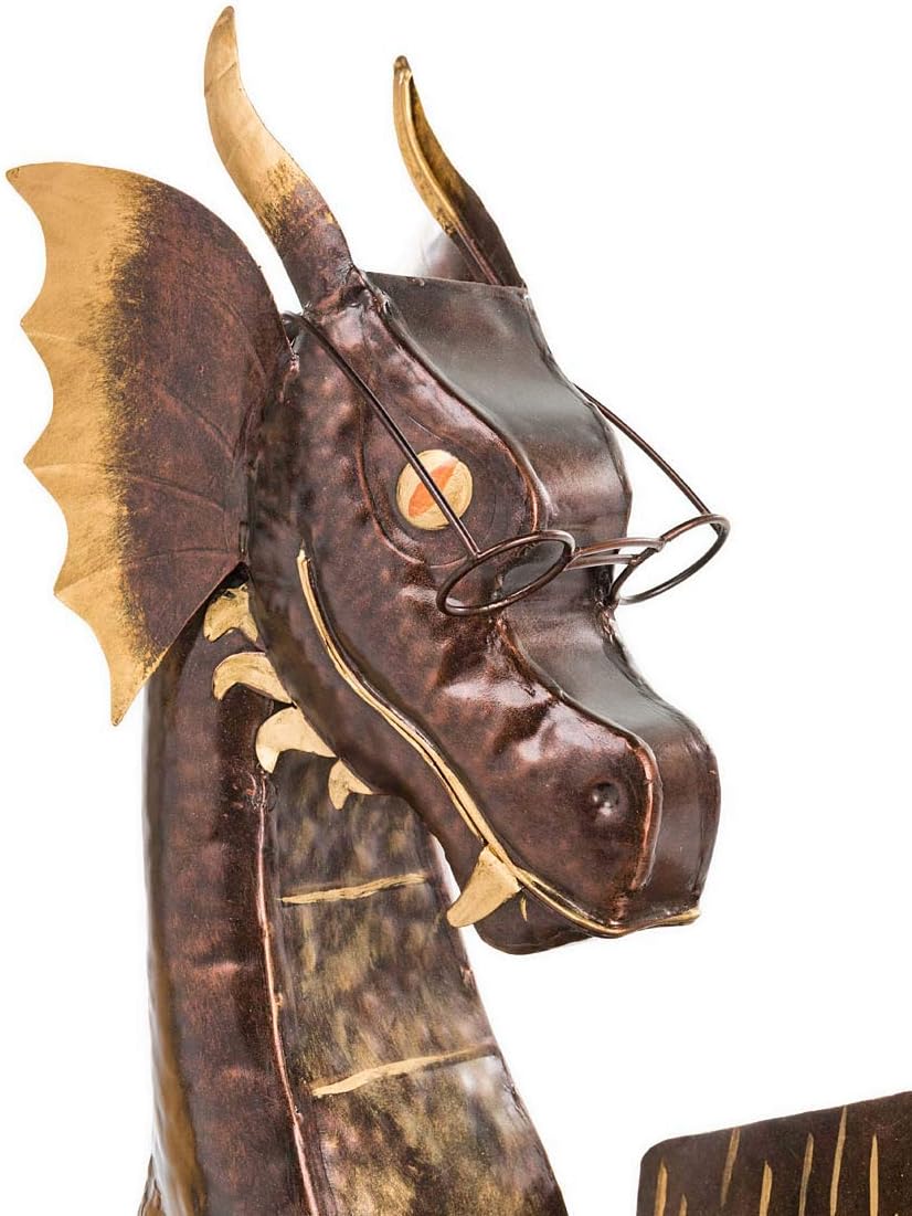Wind & Weather Enchanting Handcrafted Metal Reading Dragon Sculpture | Reclaimed Metal | Detailed Design | Indoor/Outdoor Decor | 26.5" W x 34" H x