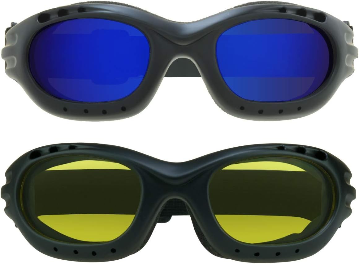 Bikershades Motorcycle Safety Riding Goggles Men Women. Polarized Lens, Smoke, Mirrored Blue or Orange, Clear Yellow Lenses