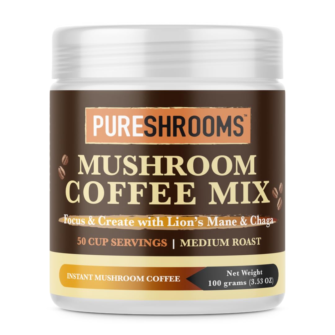 PureShrooms Mind & Body Mushroom Coffee - Instant Colombian Arabica with Organic Lion’s Mane, Reishi & Cordyceps - Low Acidity Nootropic Superfood Beverage for Focus & Vitality, 35 Servings/70g
