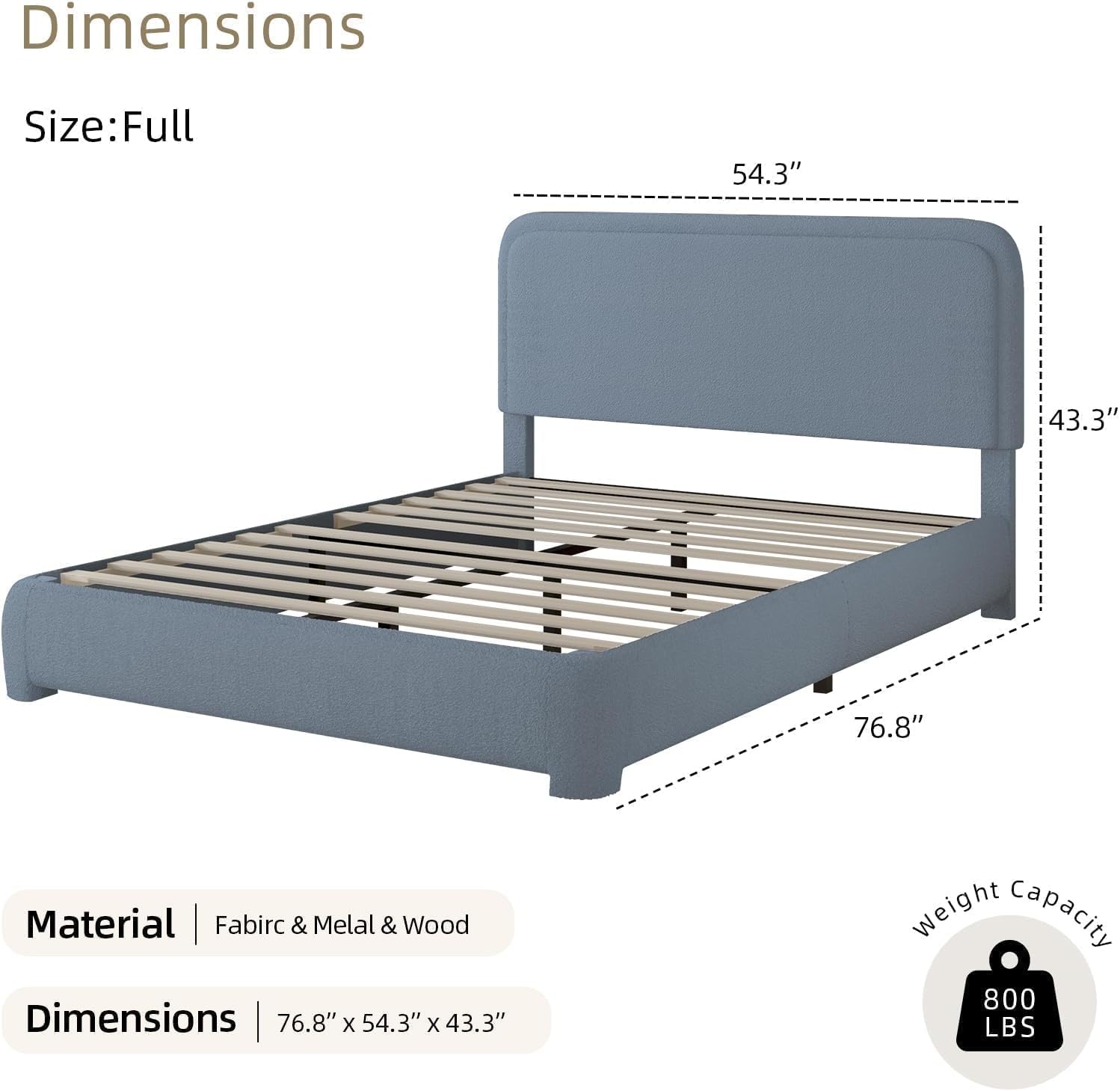 BarnFurin Full Bed Frame, Cloud Boucle Headboard, Rounded Corners, White | Soft boucle and rounded edges create a low-profile cloud look. Wooden slats support the mattress without a box spring