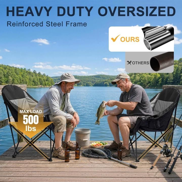 Oversized Camping Chairs for Adult - Heavy Duty Padded Portable Folding Chair XL Collapsible Camp Chair with Cup Holder Side Pocket for Outdoor Lawn Beach Sport Fishing Support 500LBS, Grey