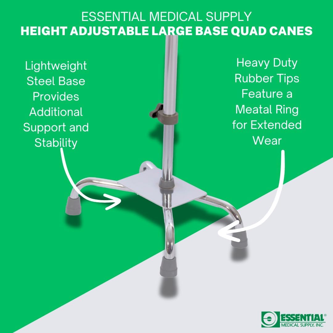 Essential Medical Supply Large Base Quad Cane in Silver - Height Adjustable Walking Cane