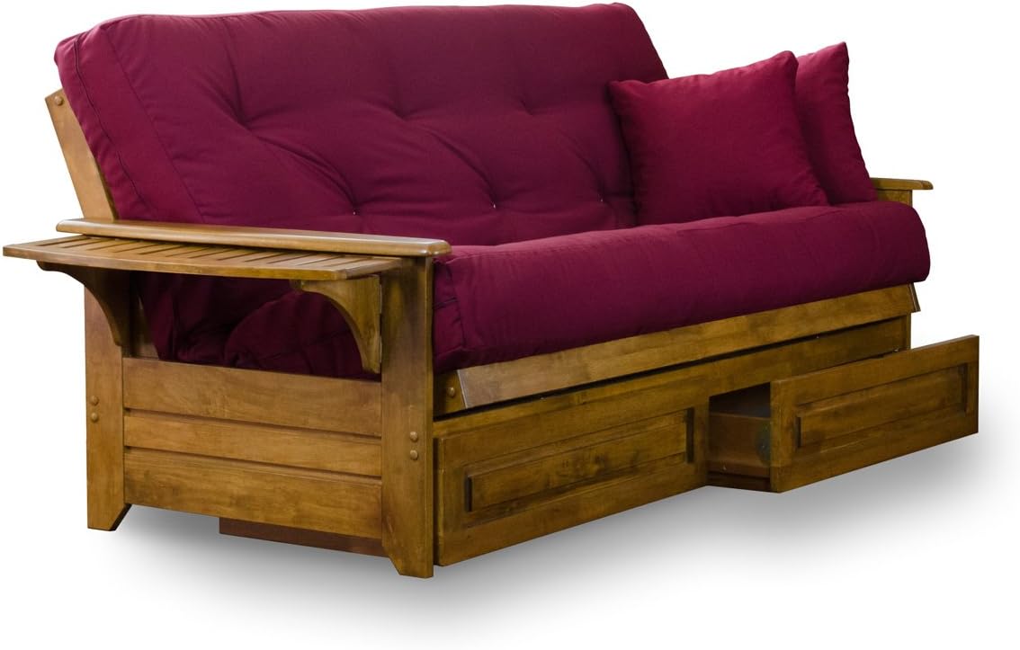 Brentwood Tray Arm Futon Frame, Drawers, and Khaki Mattress Set - Queen, Rich Heritage Finish