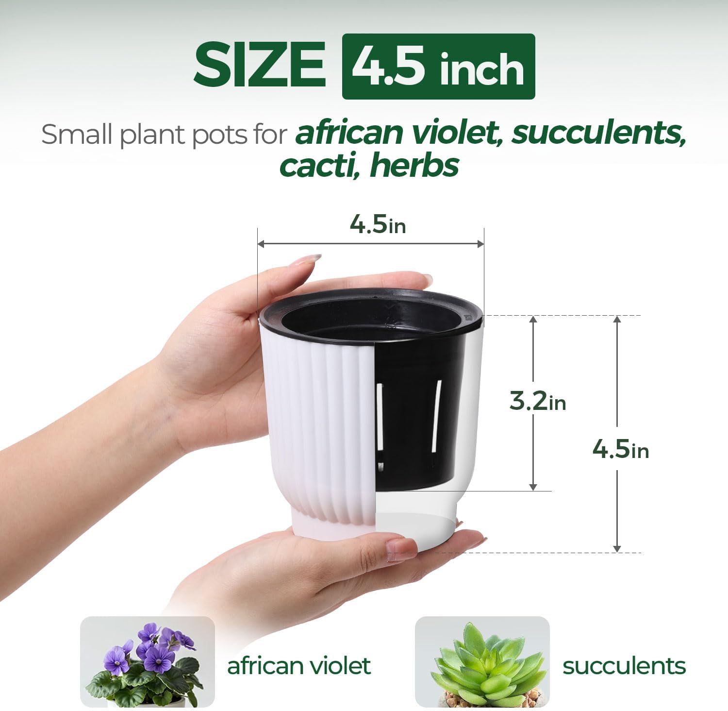 T4U Self Watering Pots for Indoor Plants, 4 Inch 6 Pack Planter White