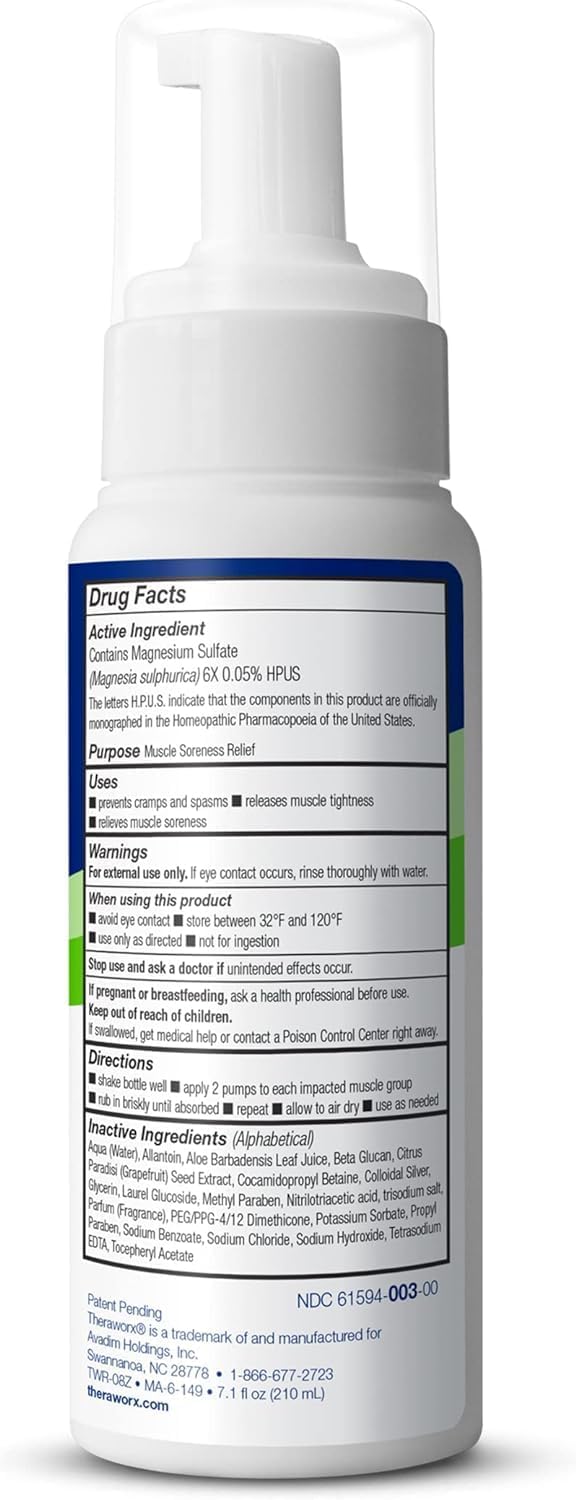 Theraworx Muscle Cramps Relief Foam with Magnesium Sulfate, 7.1oz (1 Count) | Clinically Trusted, Fast-Acting Muscle & Leg Cramp Relief, Made with Magnesium Sulfate. Paraben-Free, no mess or strong odor.