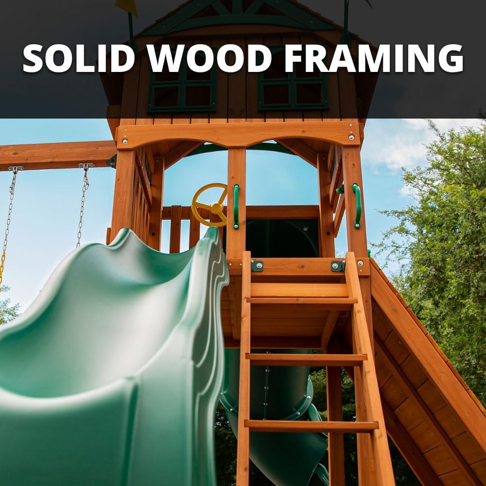 Gorilla Playsets 01-1089 Avalon Treehouse Swing Set with Oversized Green Vinyl Canopy Roof, Twister Tube Slide, Climbing Wall, Ladder