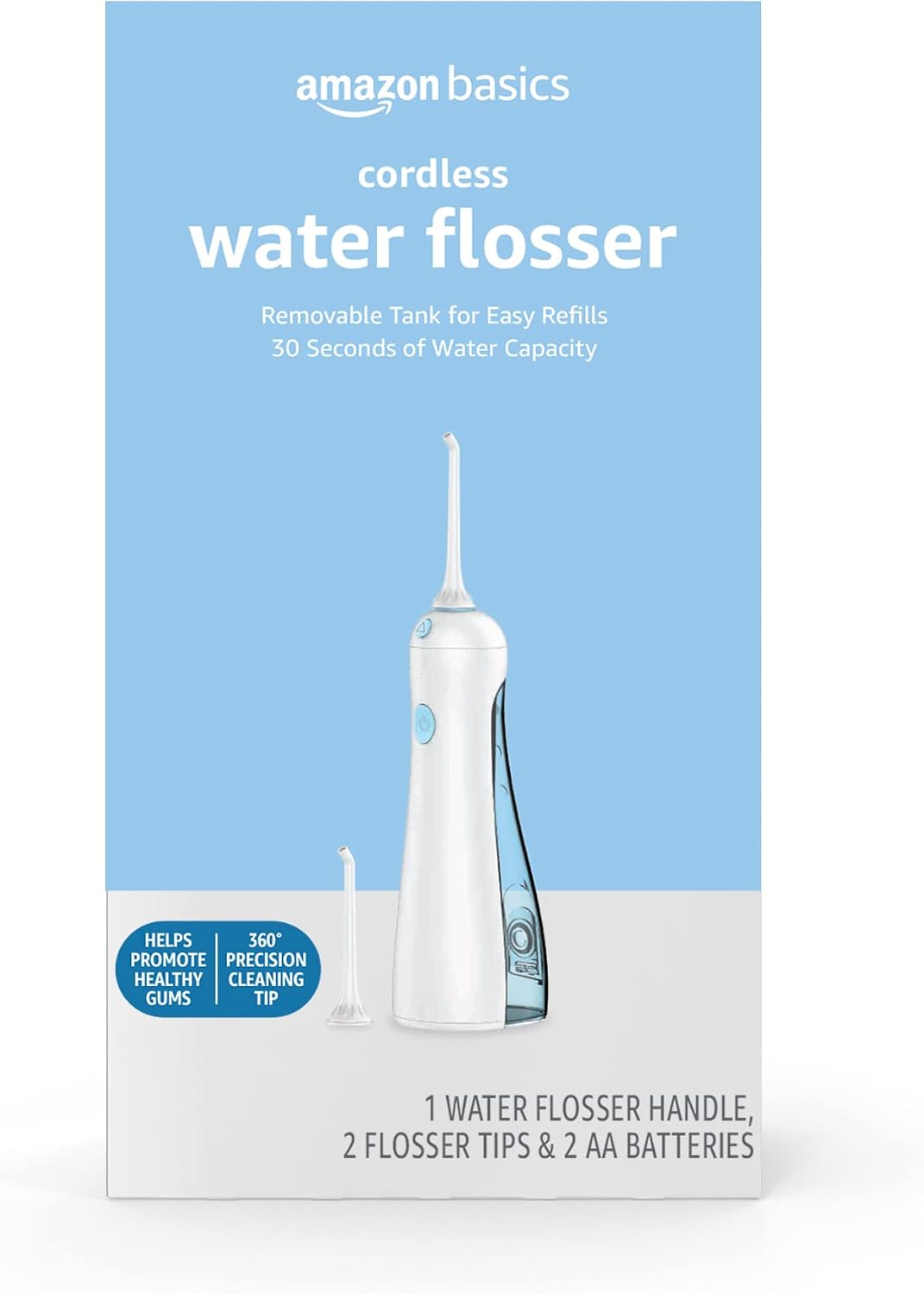 Amazon Basics HydroClean Portable Cordless Water Flosser for Teeth and Gums, 2 Pressure Tips, Removable Tank, 30 Seconds Water Capacity