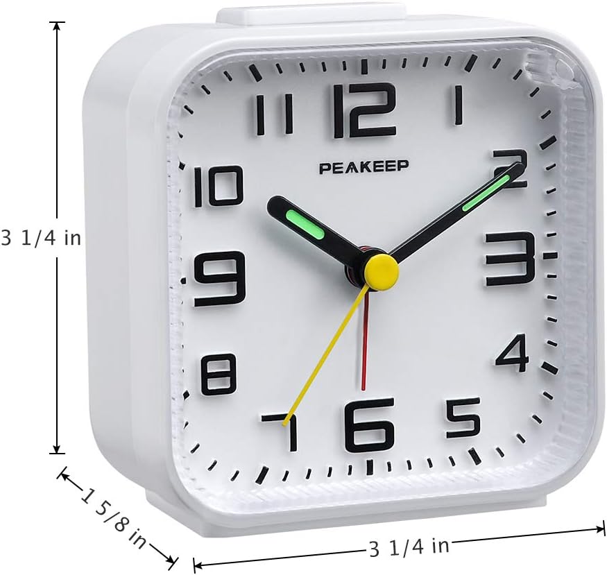 Peakeep Small Battery Operated Analog Travel Alarm Clock Silent | No Ticking, Lighted on Demand and Snooze, Beep Sounds, Gentle Wake, Ascending Alarm, Easy Set (Black)