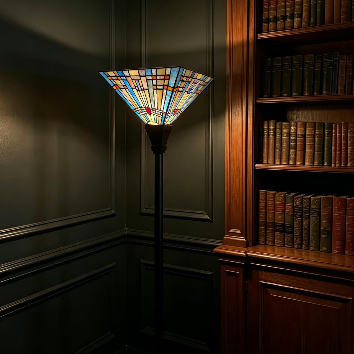 Tiffany Torchiere Floor Lamp Handcrafts Mission Stained Glass Torch Light
