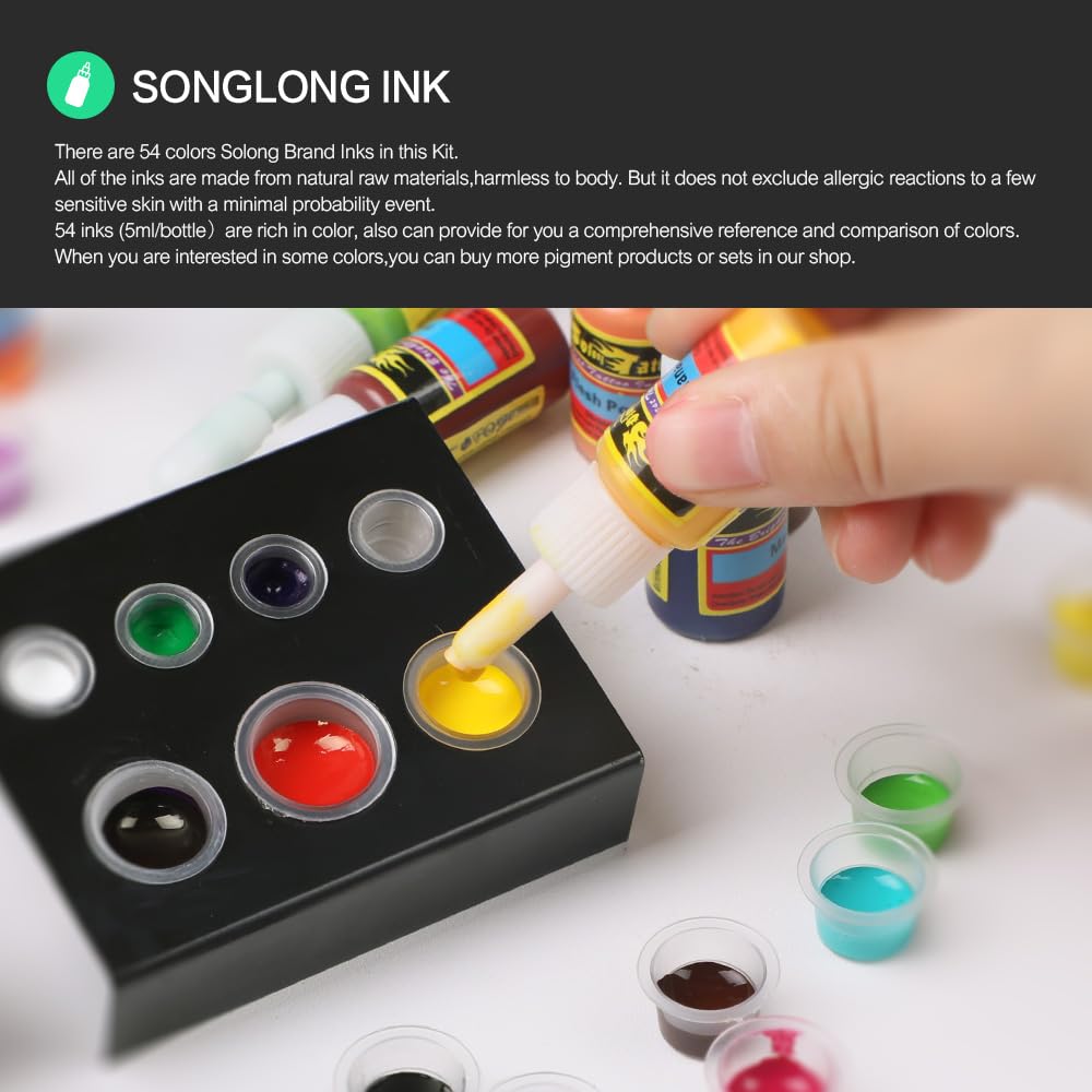 Solong Complete Tattoo Kit 4 Pro Machine Guns 54 Inks Power Supply Foot Pedal Needles Grips Tips Carry Case TK456-US（Machine color random）