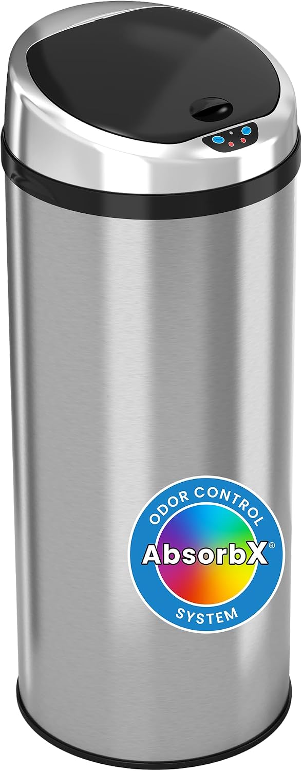 iTouchless Glide 13 Gallon Sensor Garbage Can with Wheels and Odor Control System, Stainless Steel, Automatic Kitchen Bin and Office Trash Bin (Powered by Battery or Optional AC Adapter)