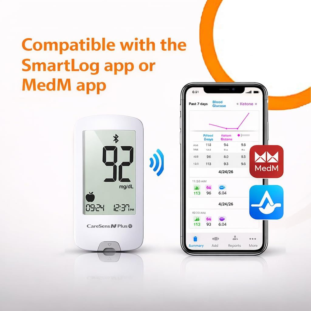 CareSens N Plus Bluetooth Blood Glucose Monitor Kit with 100 Blood Sugar Test Strips, 100 Lancets, 1 Blood Glucose Meter, 1 Lancing Device