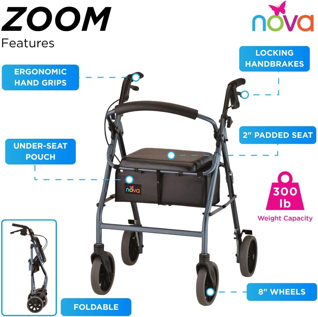 NOVA Zoom 22 Rollator Walker for Seniors, Rolling Walker with Locking Hand Brakes, Padded Seat & 8" Wheels, Lock N Load for Easy Transport & Storage, Adjustable Height 5'5"–6'1", Red