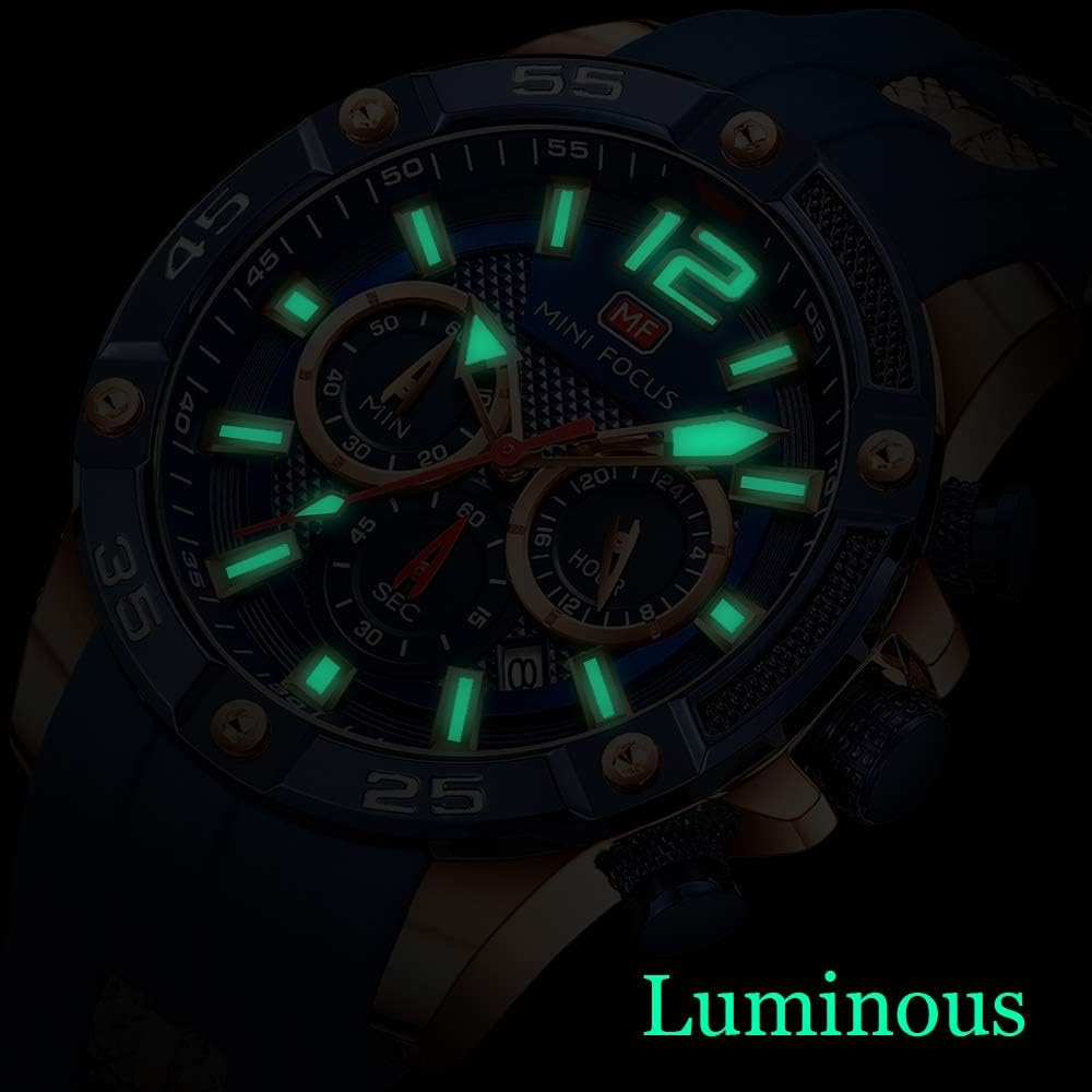 MF MINI FOCUS Men Watch, Chronograph Waterproof Sport Analog Quartz Watches Blue Silicon Strap Fashion Wristwatch for Men