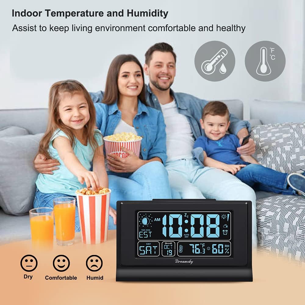 DreamSky Alarm Clocks for Bedrooms with Battery Backup, Auto Set | Digital Clock with Date & Day of Week, 5 Inch Large Display, Weekday, Temperature, USB Port, Auto DST, Brightness Dimmer