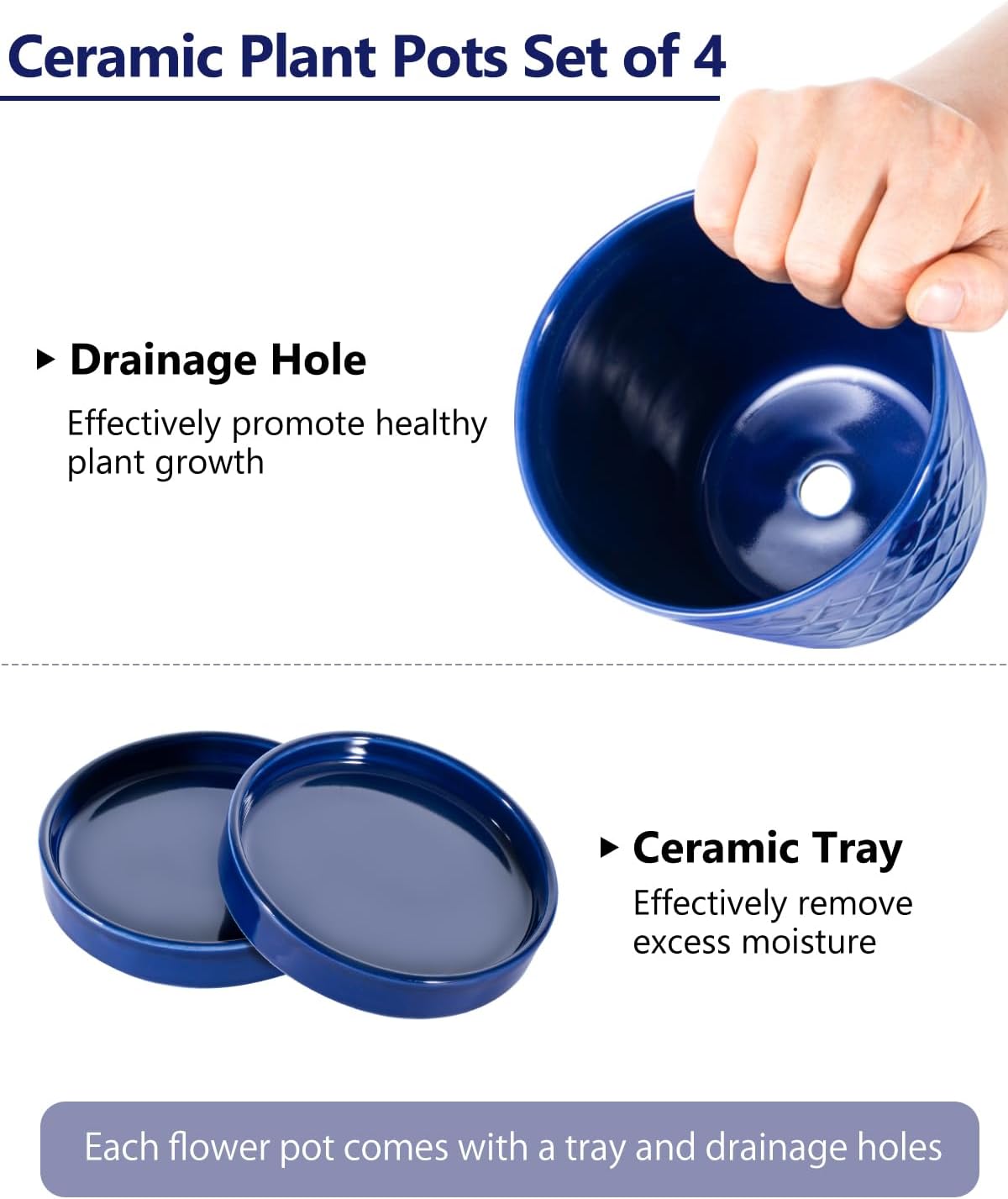 EFISPSS Ceramic Plant Pots, 5 Inch Planters with Drainage Holes and Ceramic Tray, Relief Design Flower Planter