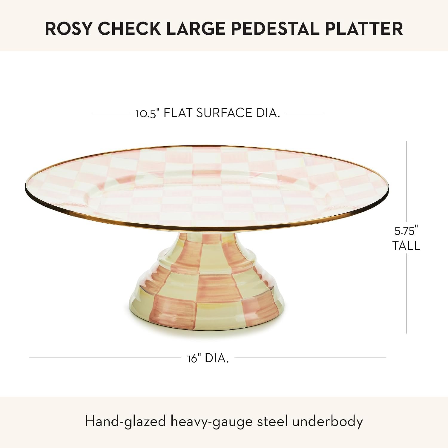 MACKENZIE-CHILDS Pedestal Platter, Mini, Black-and-White Courtly Check | Hand-painted design, made from enameled steel, stackable round cake stand for serving desserts, 8" dia. x 3" H