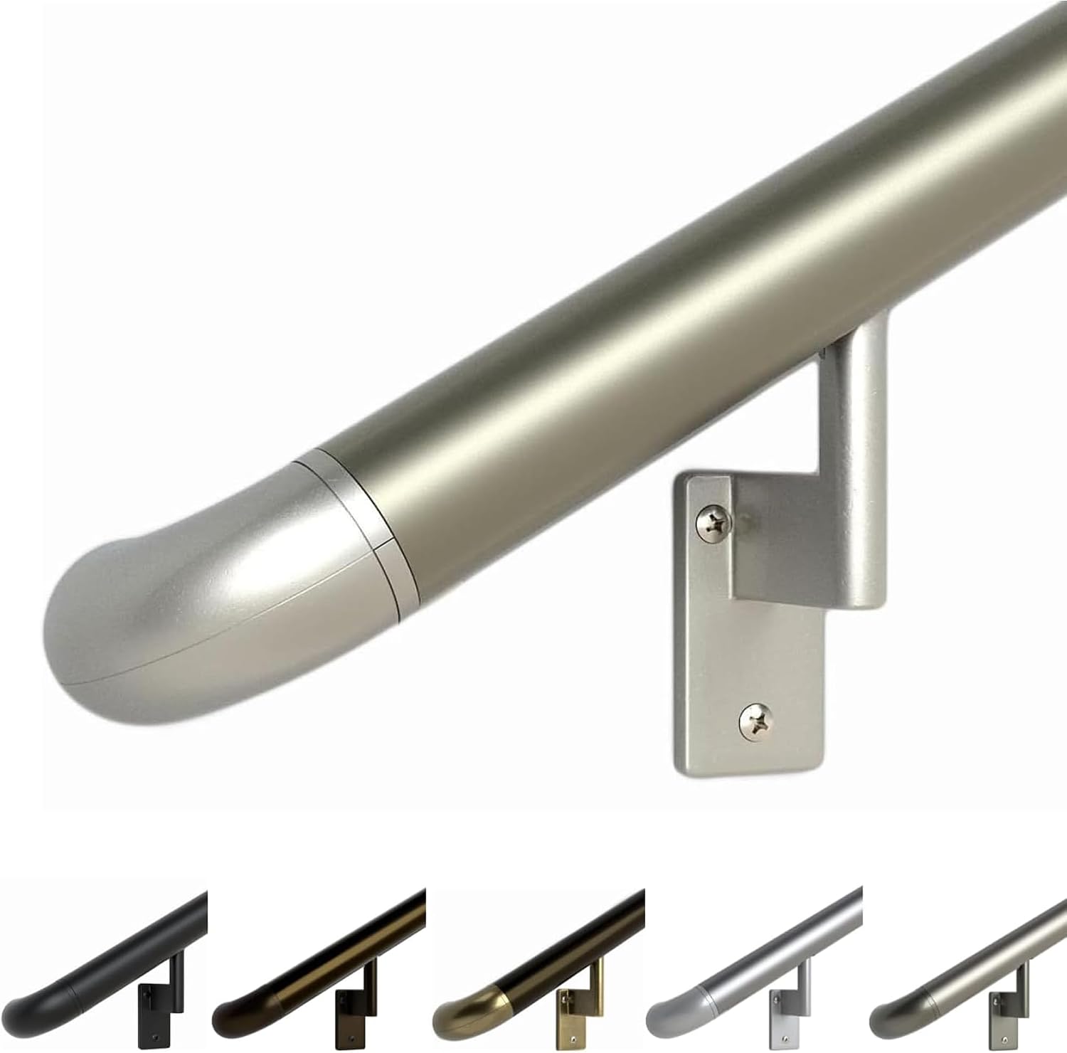 Promenaid Silver 5ft ADA Handrail Kit - Complete Indoor/Outdoor Stair Handrail - 1.6" Round Satin-Anodized Aluminum Railing with 3 Silver Painted