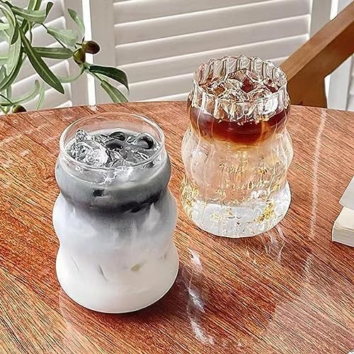 2 Pcs Ribbed Glass Cups, 18 Oz Vintage Drinking Glassware with Wave Design | Iced Coffee Cups Glass, Matcha Glass Bubble Cups for Iced Coffee, Juice