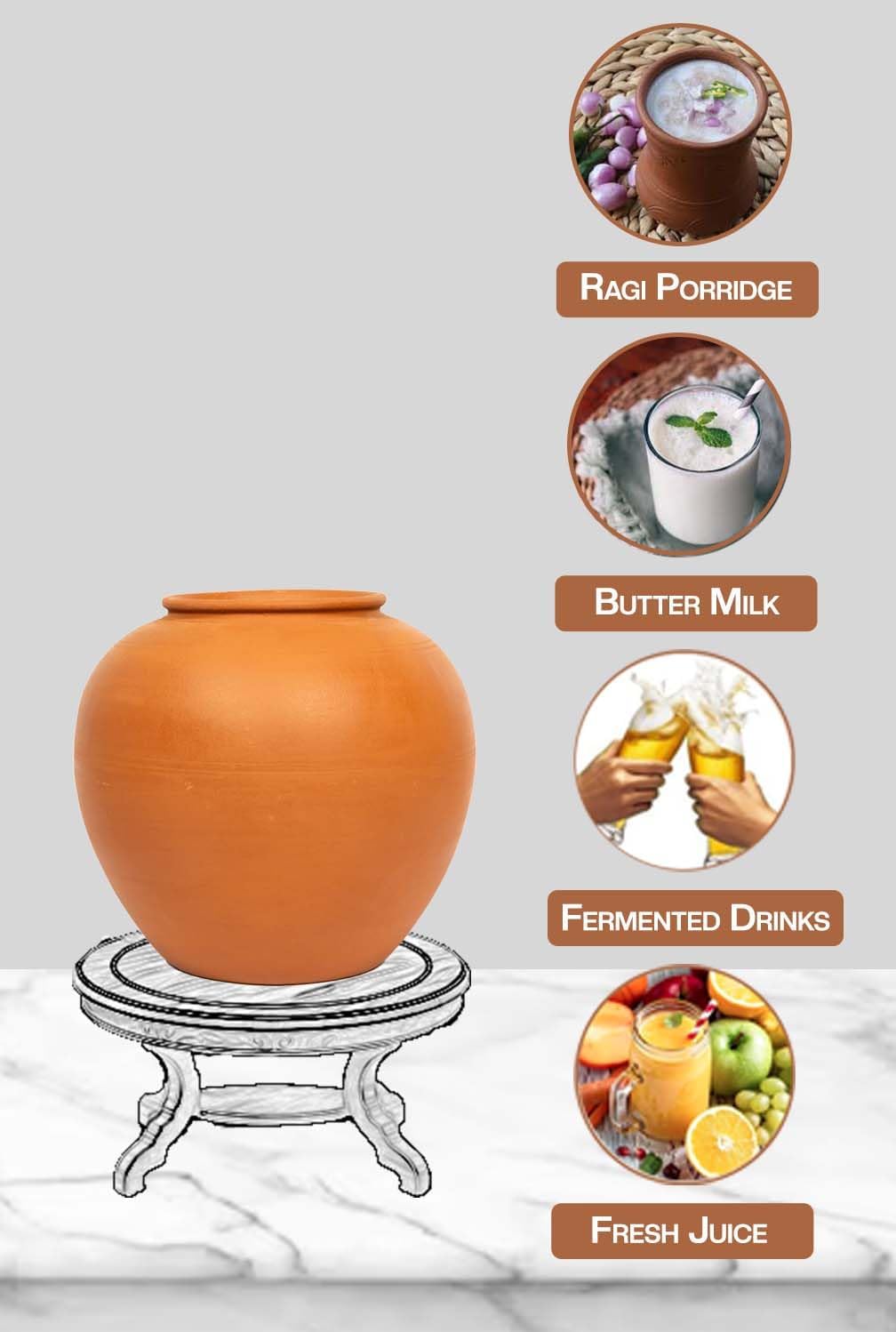Village Decor Terracotta Water pot With Lid & Glass |Preseasoned Terracotta Mud(Capacity 6000 ml / 202 oz)