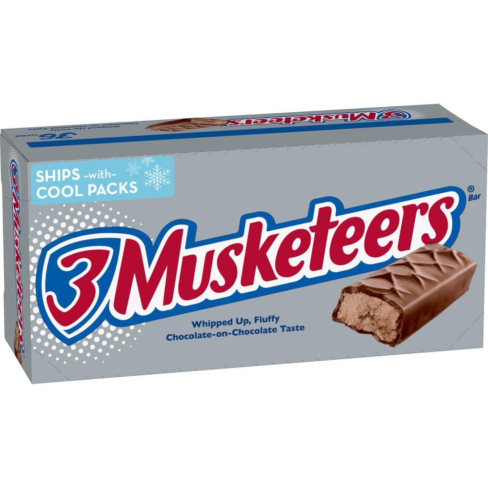 3 MUSKETEERS Milk Chocolate Candy Bars, Full Size, Bulk Candy Box, 36 ct | Light whipped chocolate nougat in full size bars, for sharing, party favors and lunch boxes, gift bag, snack box