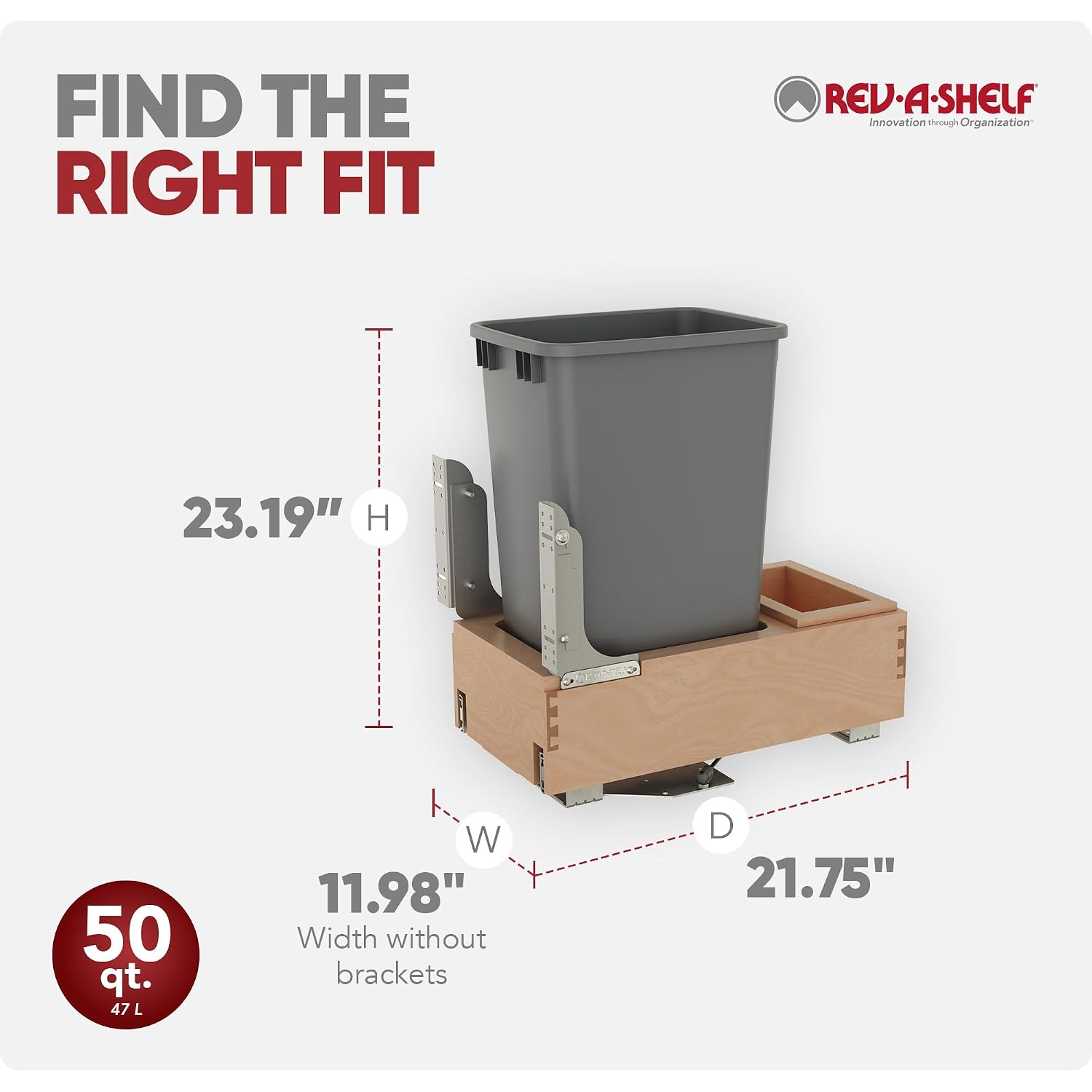Rev-A-Shelf Pullout Under Counter Trash Can, 50 Qt 12.5 Gal Garbage Container with Soft-Close and Soft-Open Slides, Silver, 4WCBM-1550DM-1