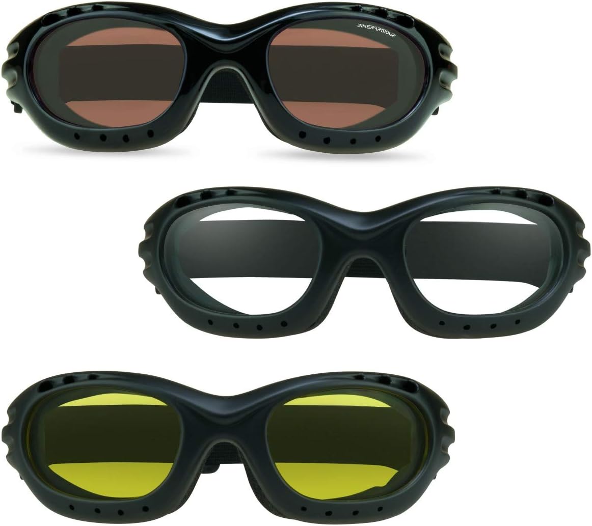 Bikershades Motorcycle Safety Riding Goggles Men Women. Polarized Lens, Smoke, Mirrored Blue or Orange, Clear Yellow Lenses