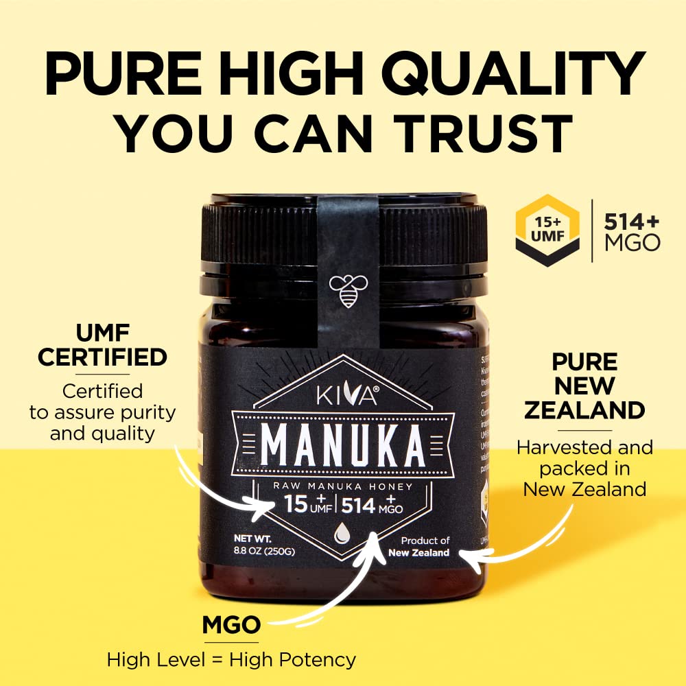 Kiva Raw Manuka Honey - Certified UMF 15+, MGO 514+ 100% Pure Genuine New Zealand, Non-GMO, Traceable (8.8oz/250g Bottle)